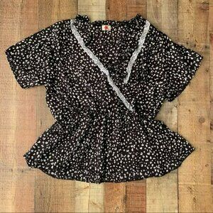 Blue leopard black and white animal print baby doll low neck short sleeve blouse